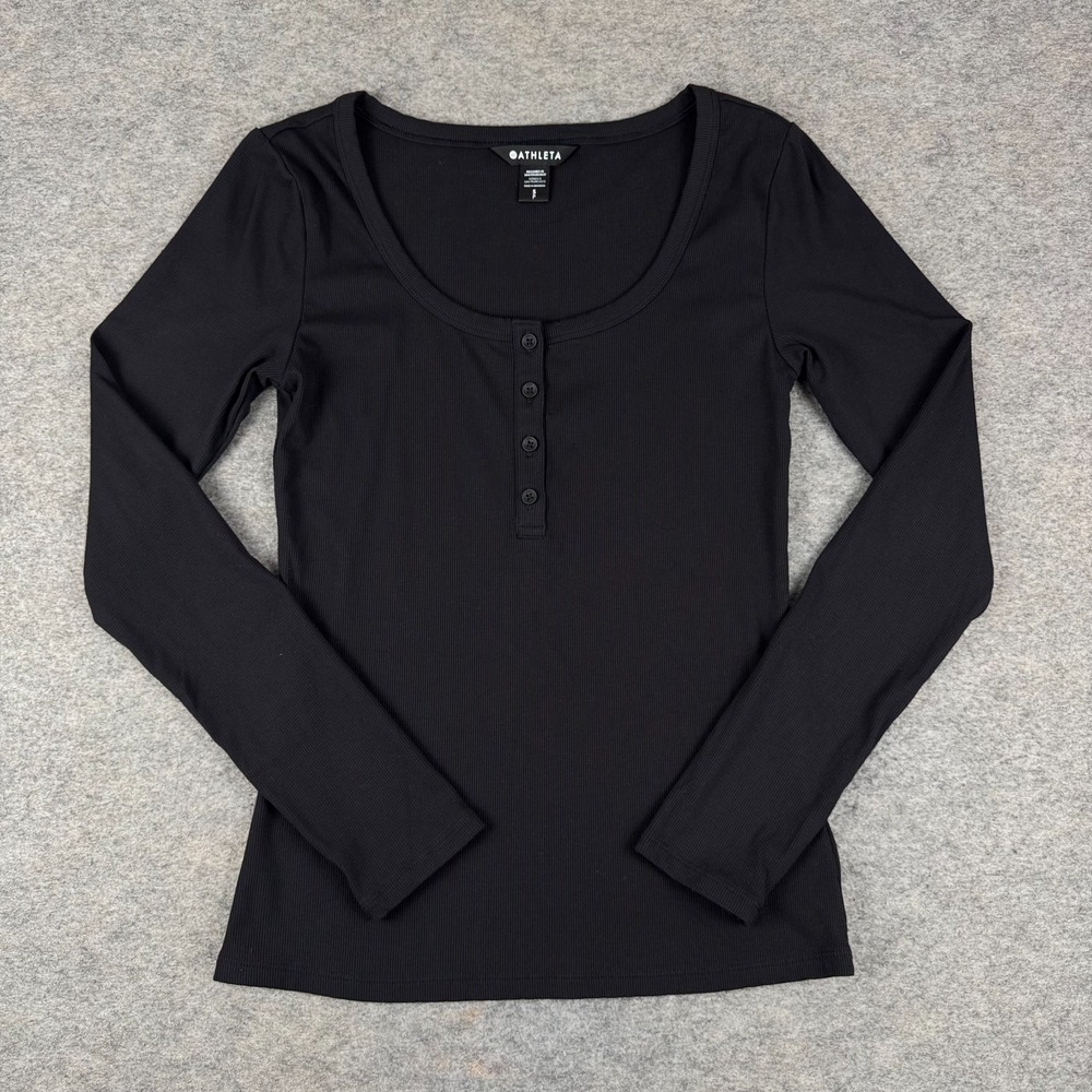Athleta Ribbed Henley Long Sleeve Shirt Modal Stretch Black Womens Small S‎